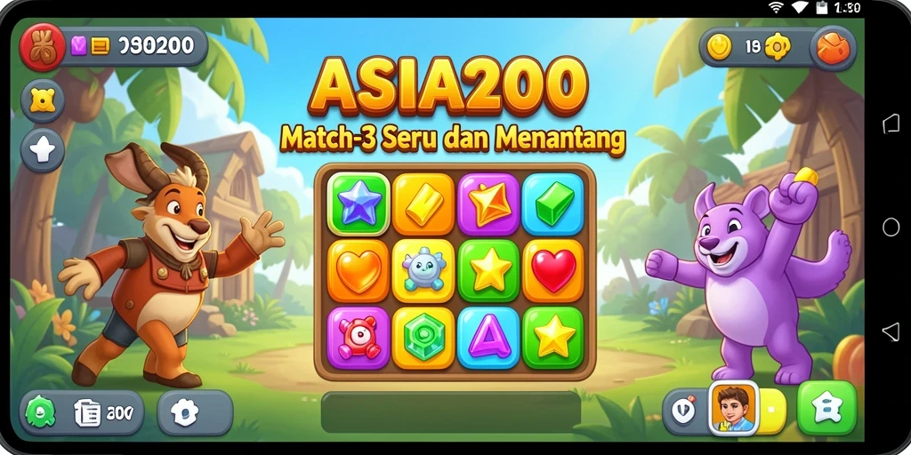 Screenshot gameplay ASIA200 menampilkan kombinasi warna-warni dalam puzzle Match-3.