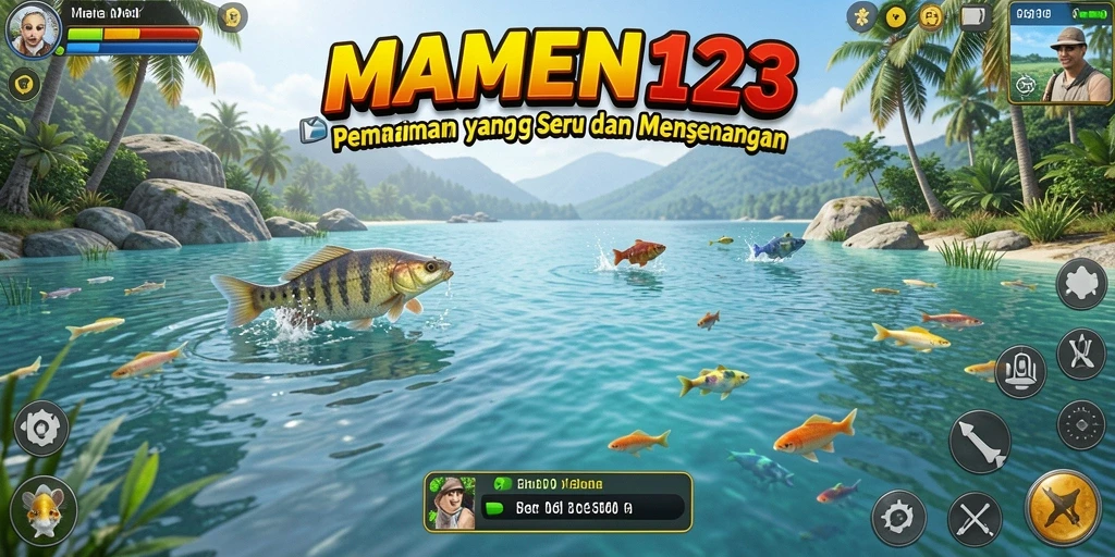 Screenshot MAMEN123 menampilkan gameplay yang seru saat memancing di danau.