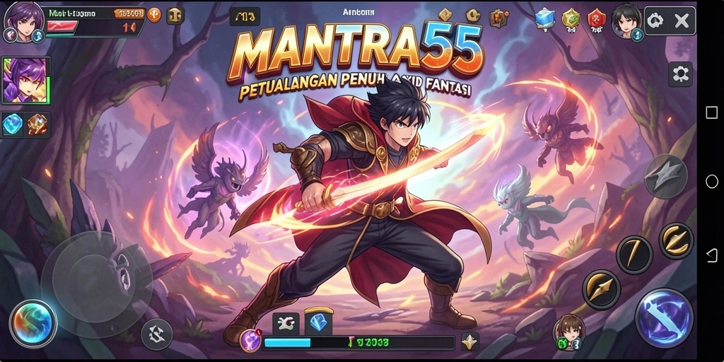 Screenshot gameplay MANTRA55 menampilkan aksi karakter Anime yang seru.