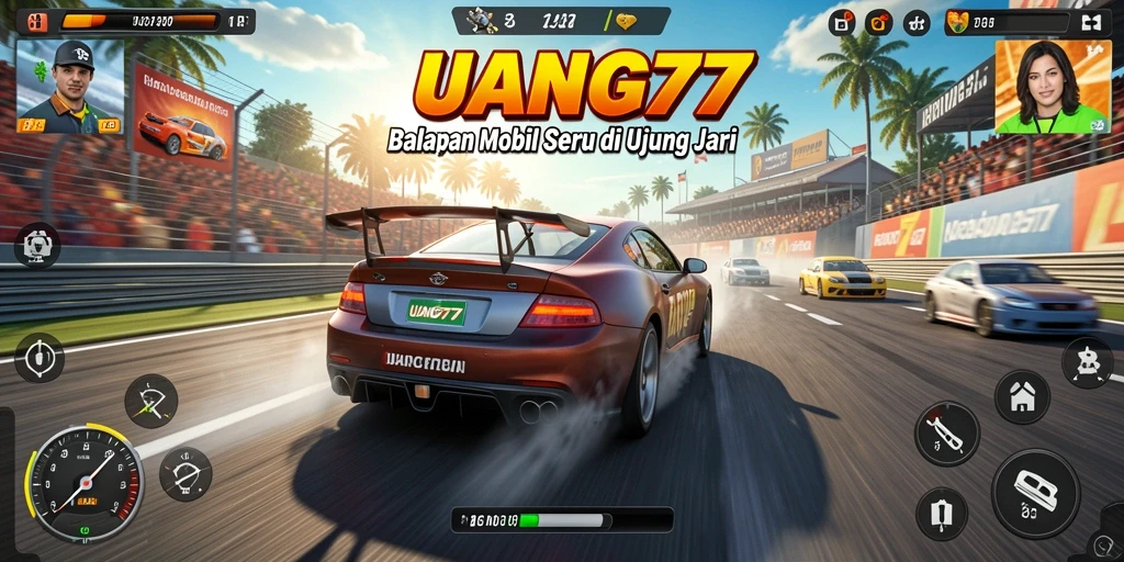 Screenshot gameplay UANG77 menampilkan balapan mobil yang mendebarkan.