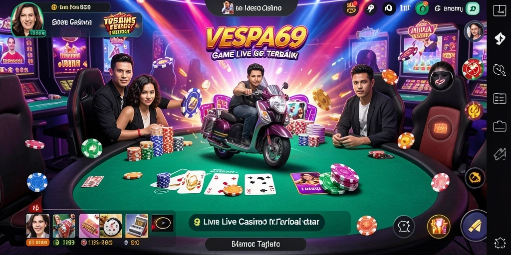Tampilan utama VESPA69 dengan dealer dan permainan Live Casino yang interaktif.